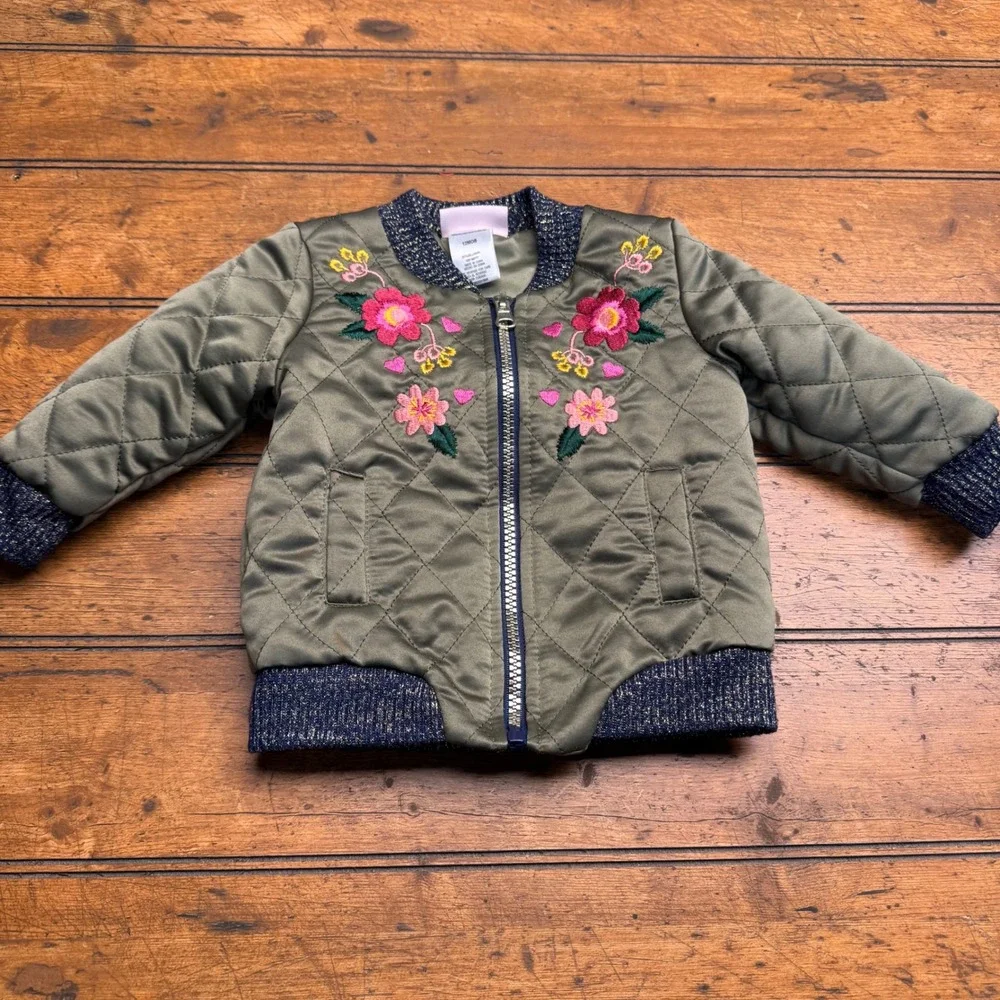 Little Lass Quilted Bomber Jacket Floral Embroidery Kids 12 Months Green Zip Up